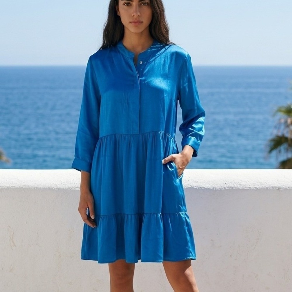 Johnny Was Calme XL Satin Aqua Blue Tiered Prairie Midi Dress 031919-0